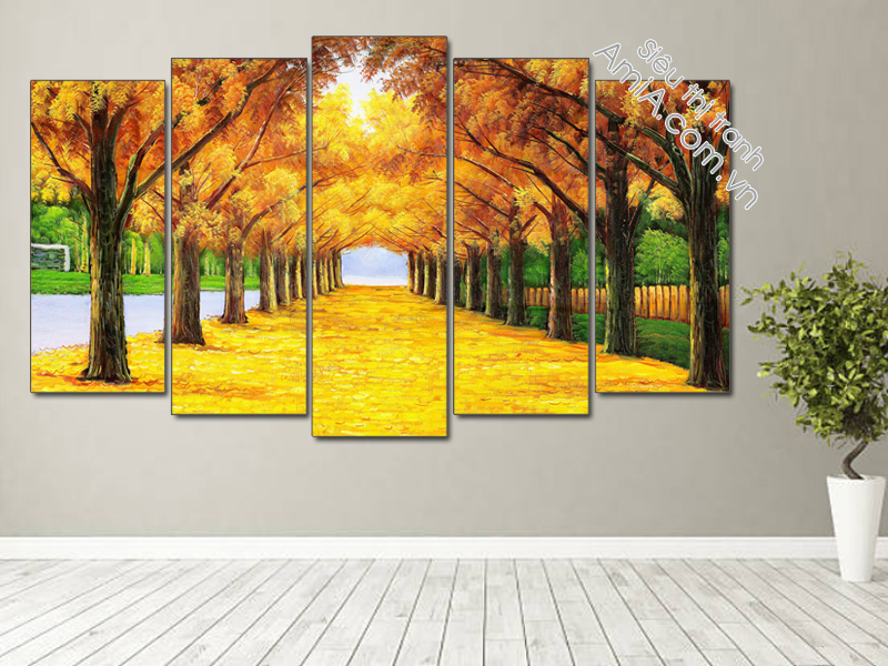 Tranh treo phòng khách đẹp hình ảnh hàng cây lá vàng cực ấn tượng