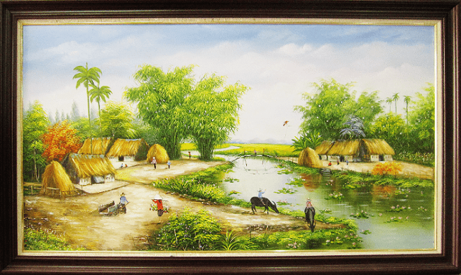 tranh làng quê Việt vẽ bằng chất liệu sơn dầu