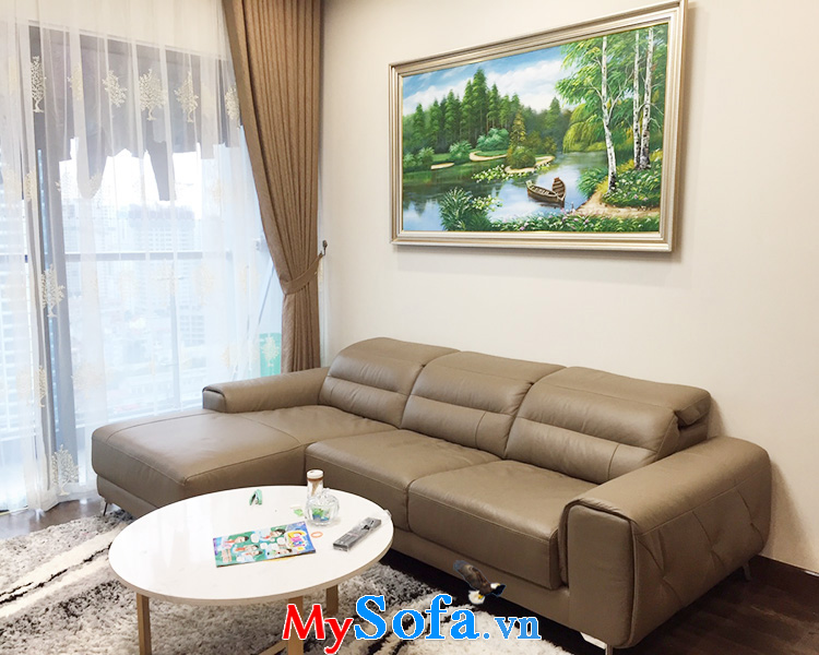 Hình ảnh sofa da góc chữ L 3 chỗ màu nâu đẹp mê ly cho phòng khách chung cư