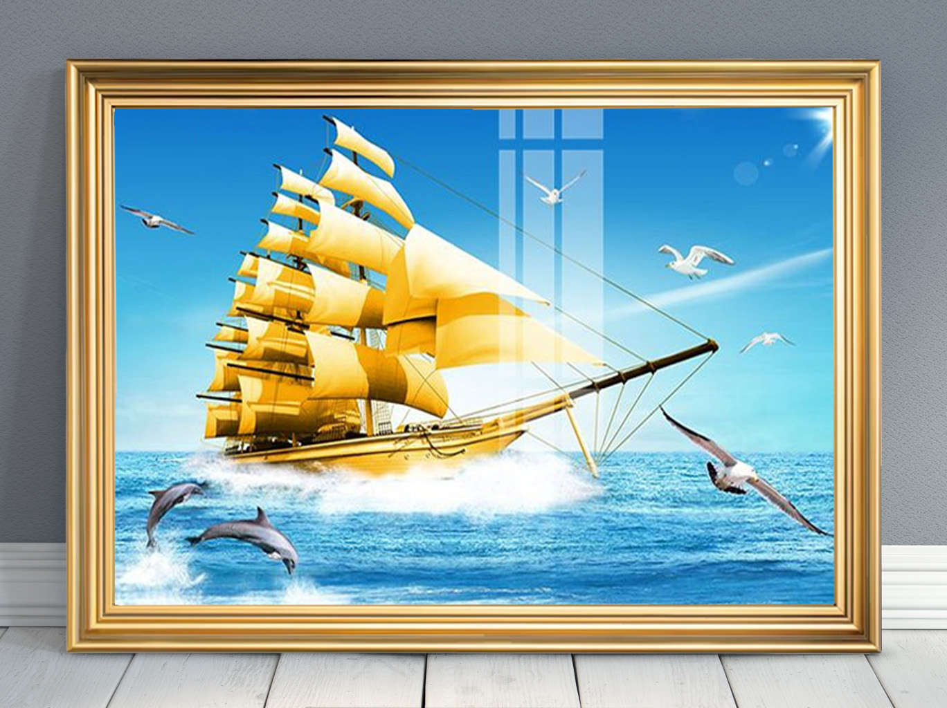Mẫu tranh thuận buồm xuôi gió đẹp thuyền buồm trên biển
