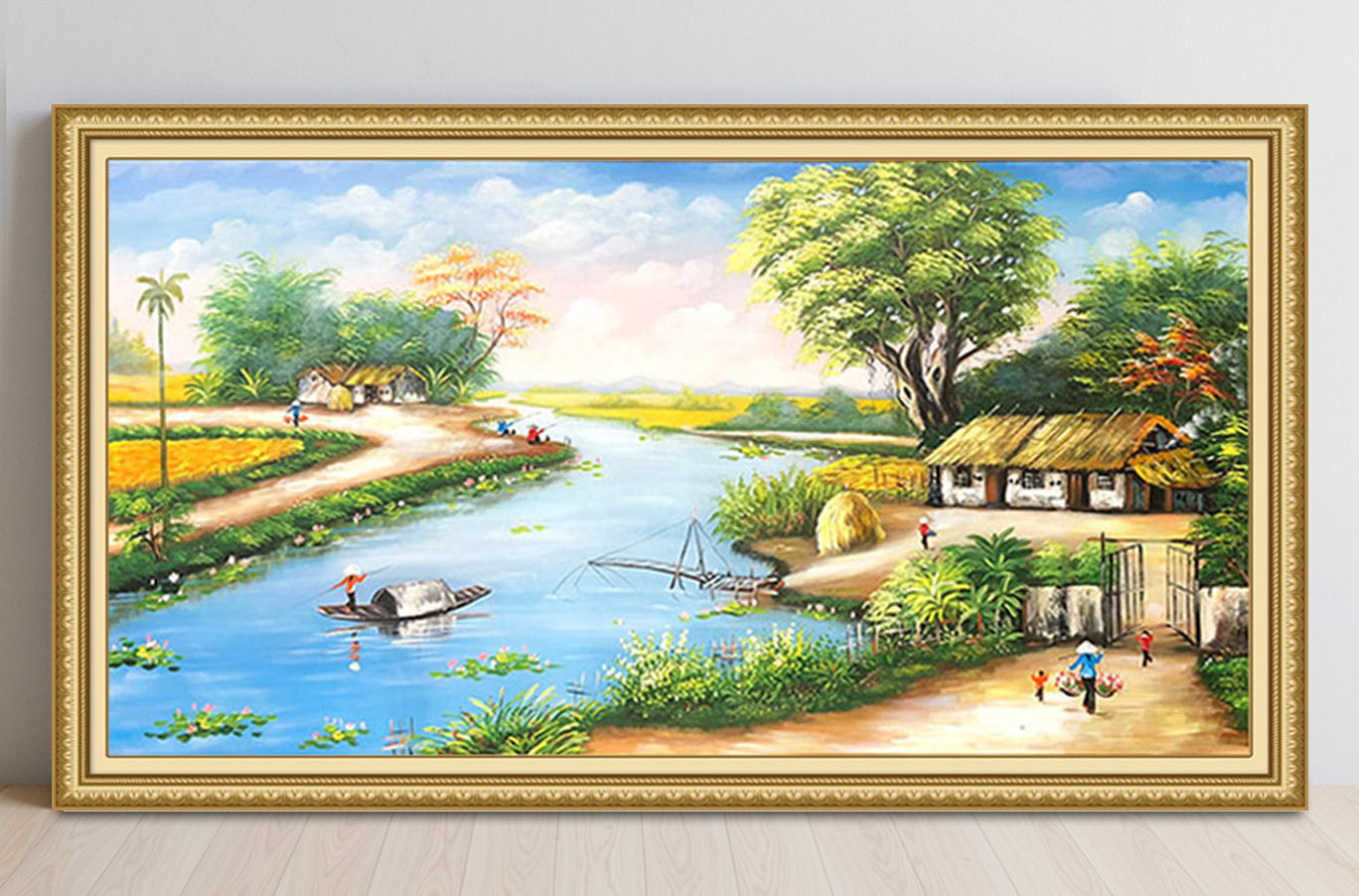 Mẫu tranh treo tường đẹp vẽ phong cảnh làng quê Bắc Bộ xưa