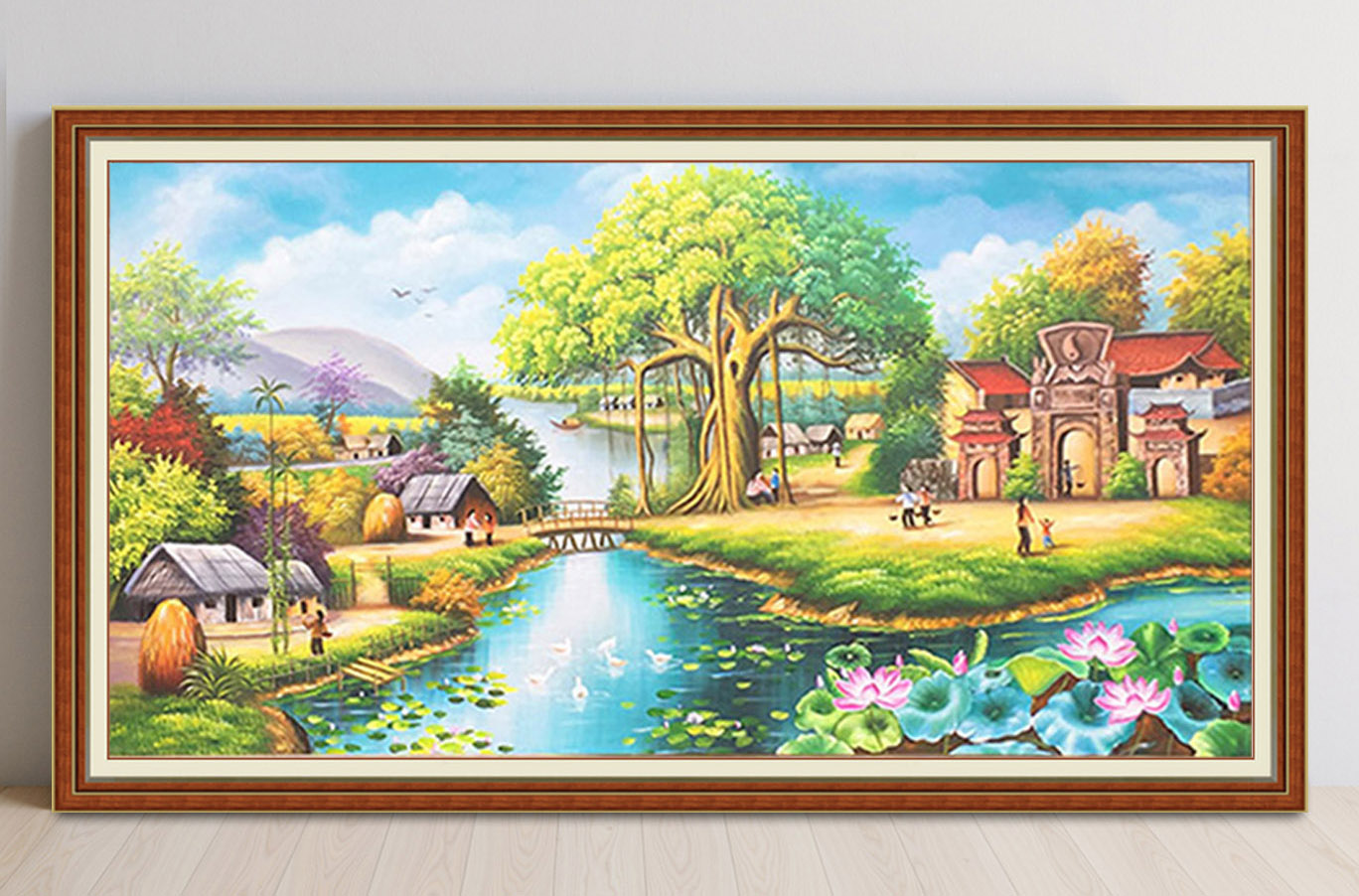 Mẫu tranh treo tường đẹp vẽ phong cảnh làng quê Bắc Bộ xưa