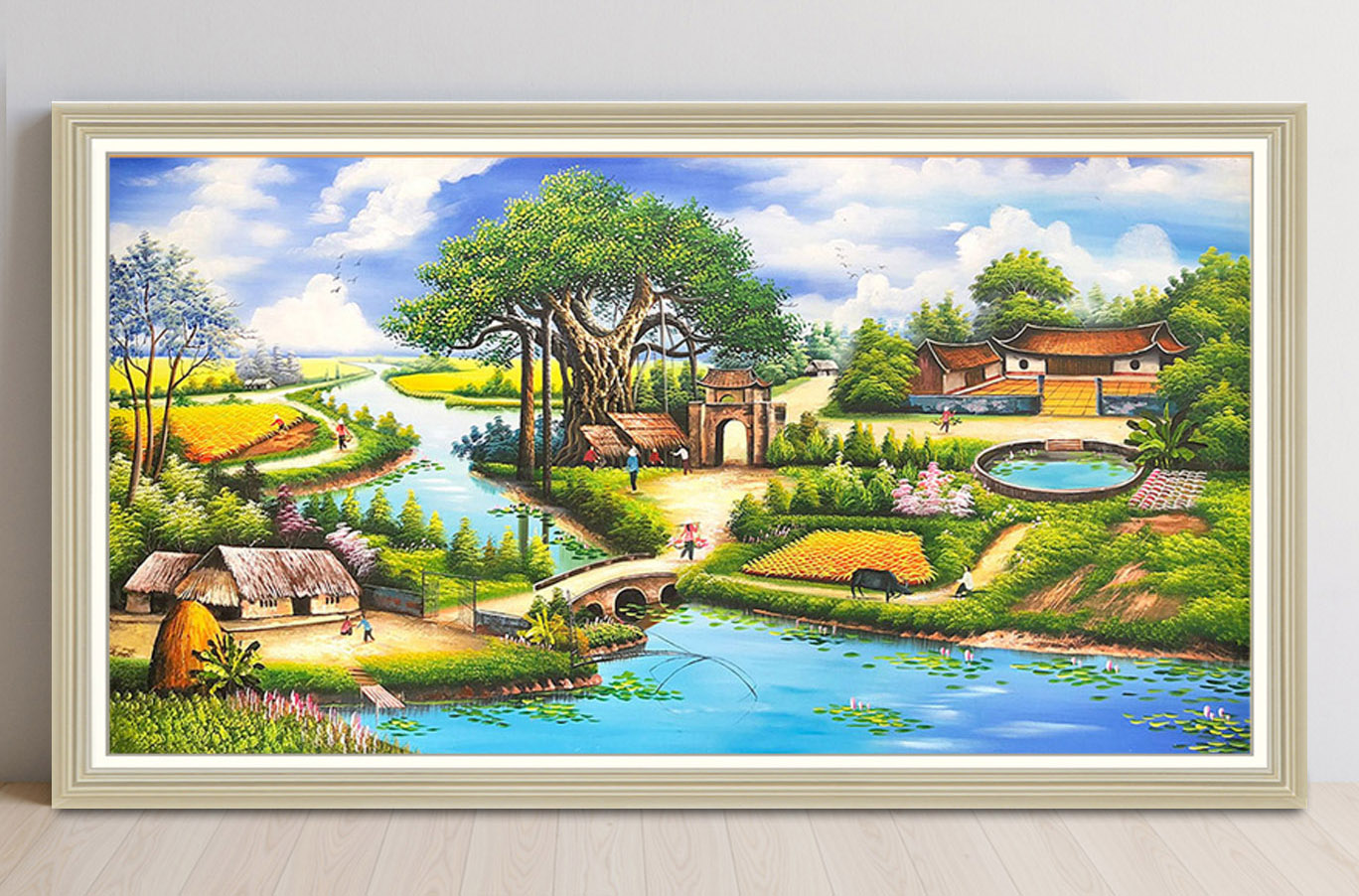 Mẫu tranh treo tường đẹp vẽ phong cảnh làng quê Bắc Bộ xưa