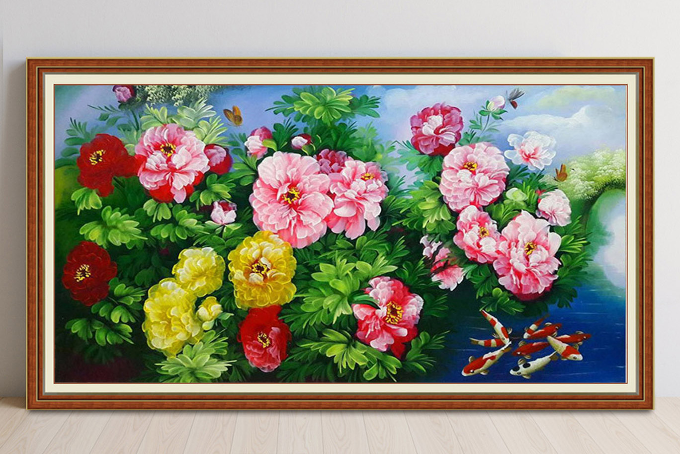 Mẫu tranh cửu ngư quần hội cá chép hoa mẫu đơn