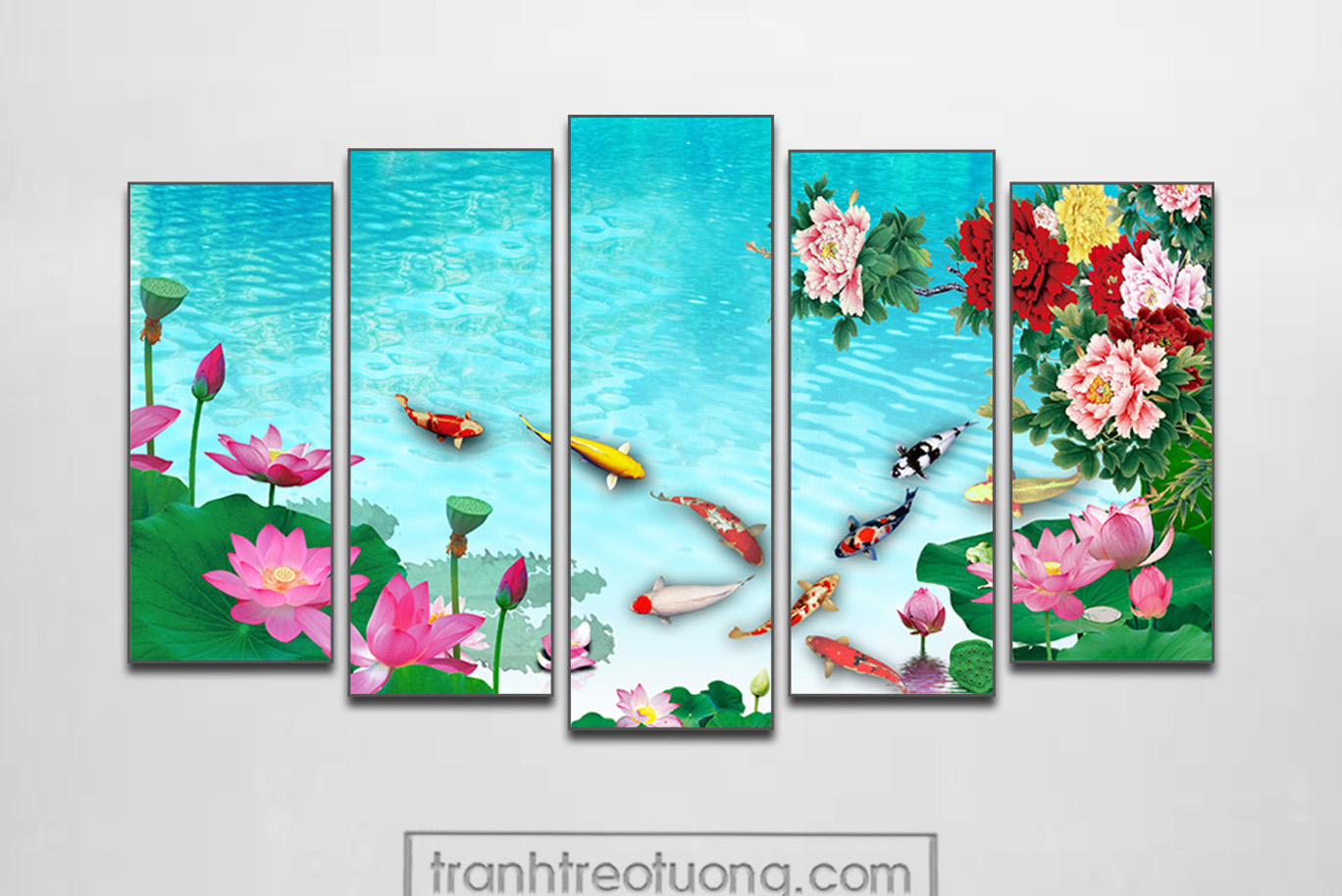 Mẫu tranh cửu ngư quần hội cá chép hoa mẫu đơn hoa sen đẹp
