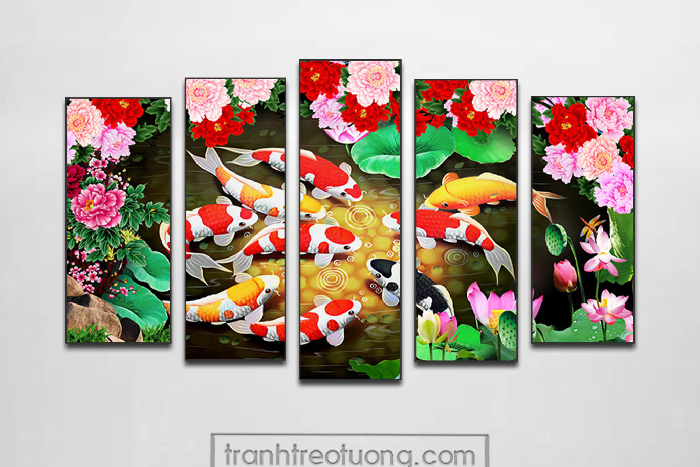 Mẫu tranh cửu ngư quần hội cá chép hoa mẫu đơn và hoa sen đẹp