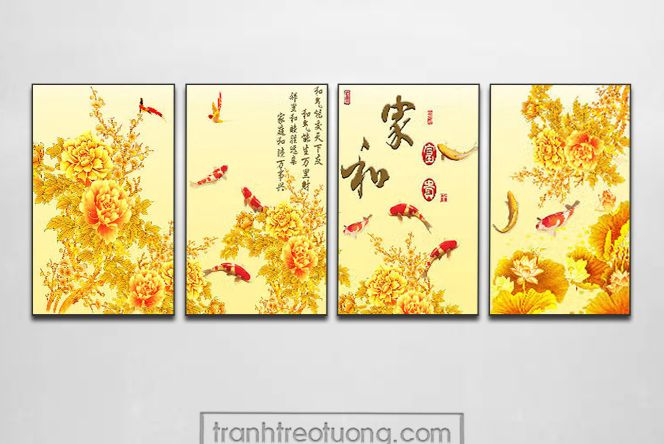 Mẫu tranh cửu ngư quần hội cá chép hoa mẫu đơn vàng