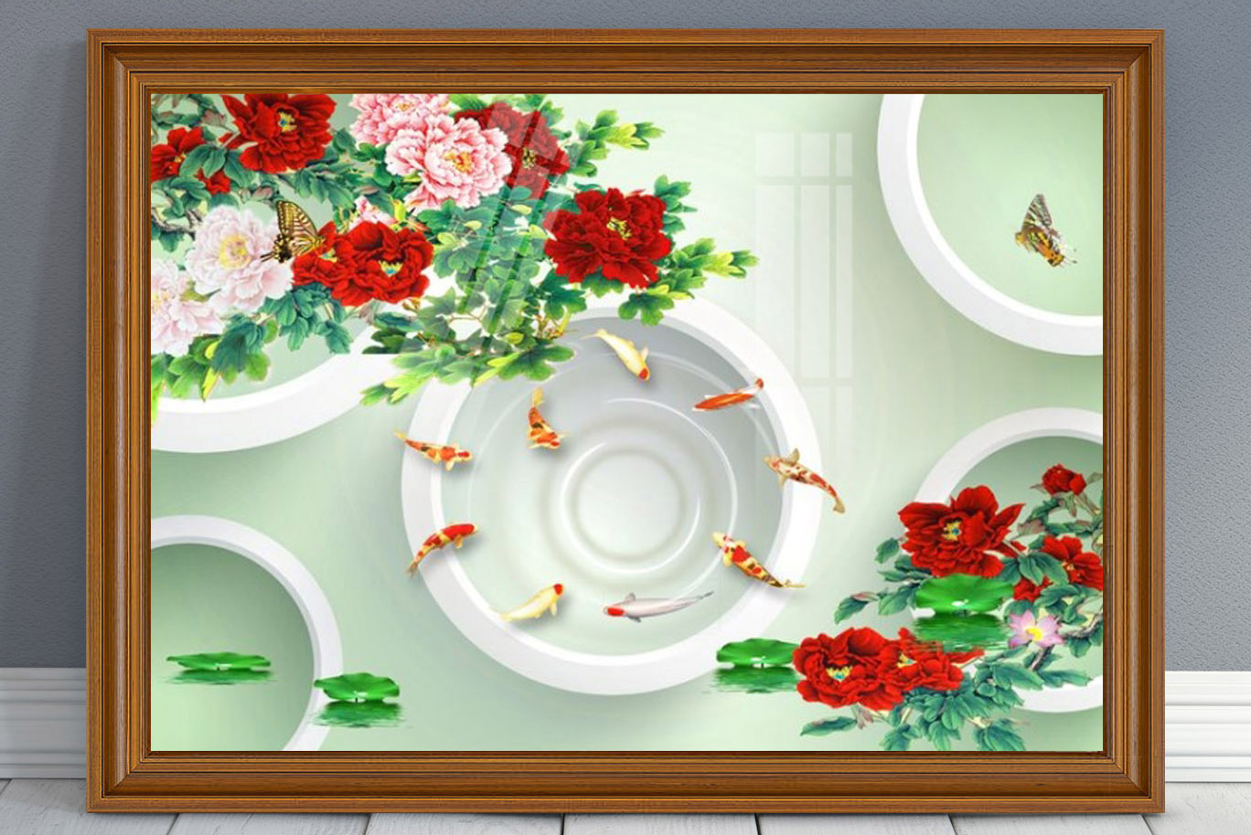 Mẫu tranh cửu ngư quần hội cá chép hoa mẫu đơn