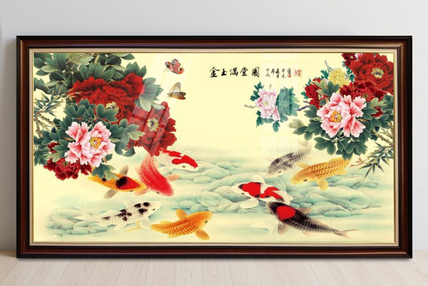 Mẫu tranh cửu ngư quần hội cá chép hoa mẫu đơn
