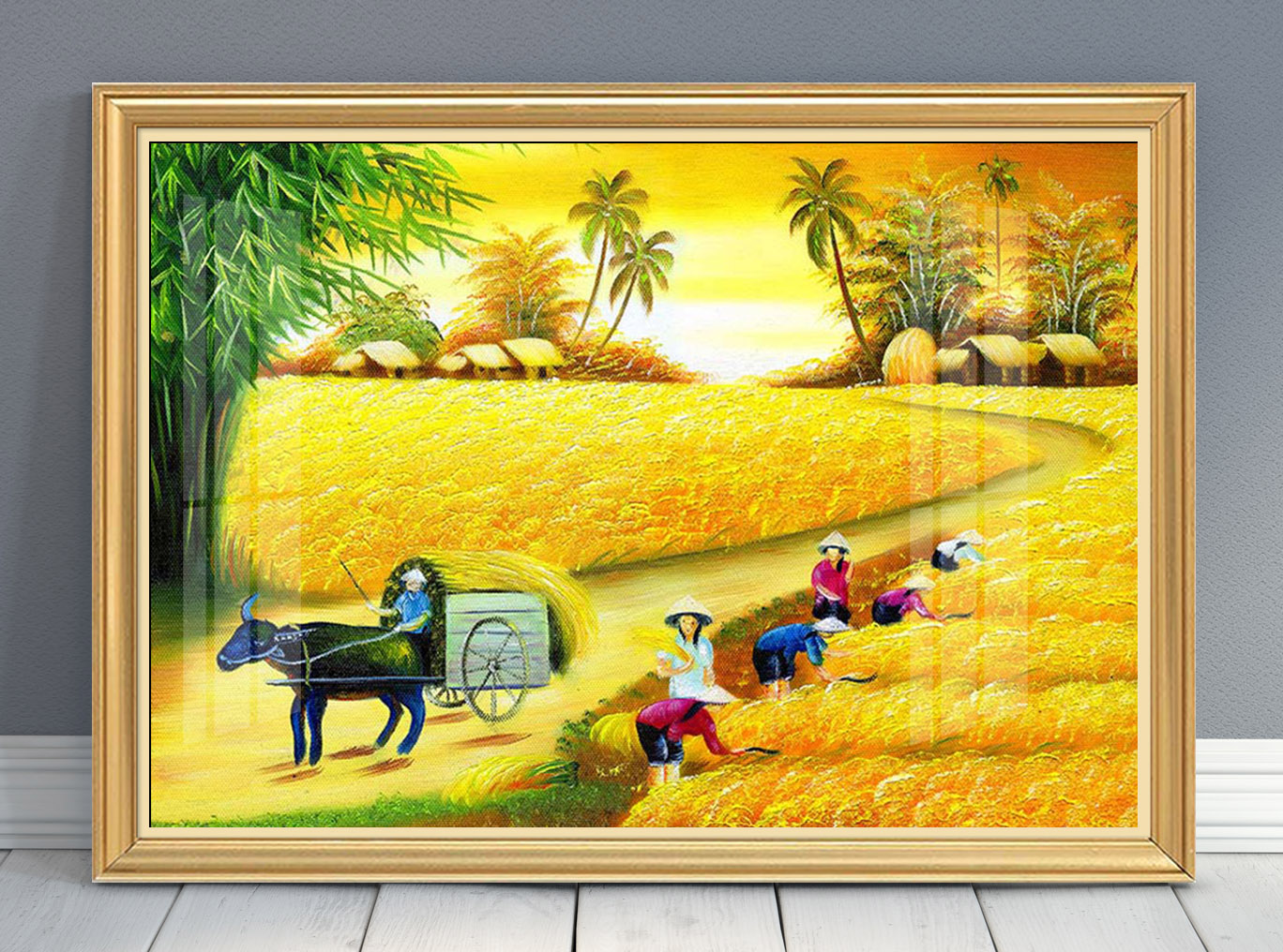 Mẫu tranh treo tường đẹp vẽ phong cảnh làng quê Bắc Bộ xưa