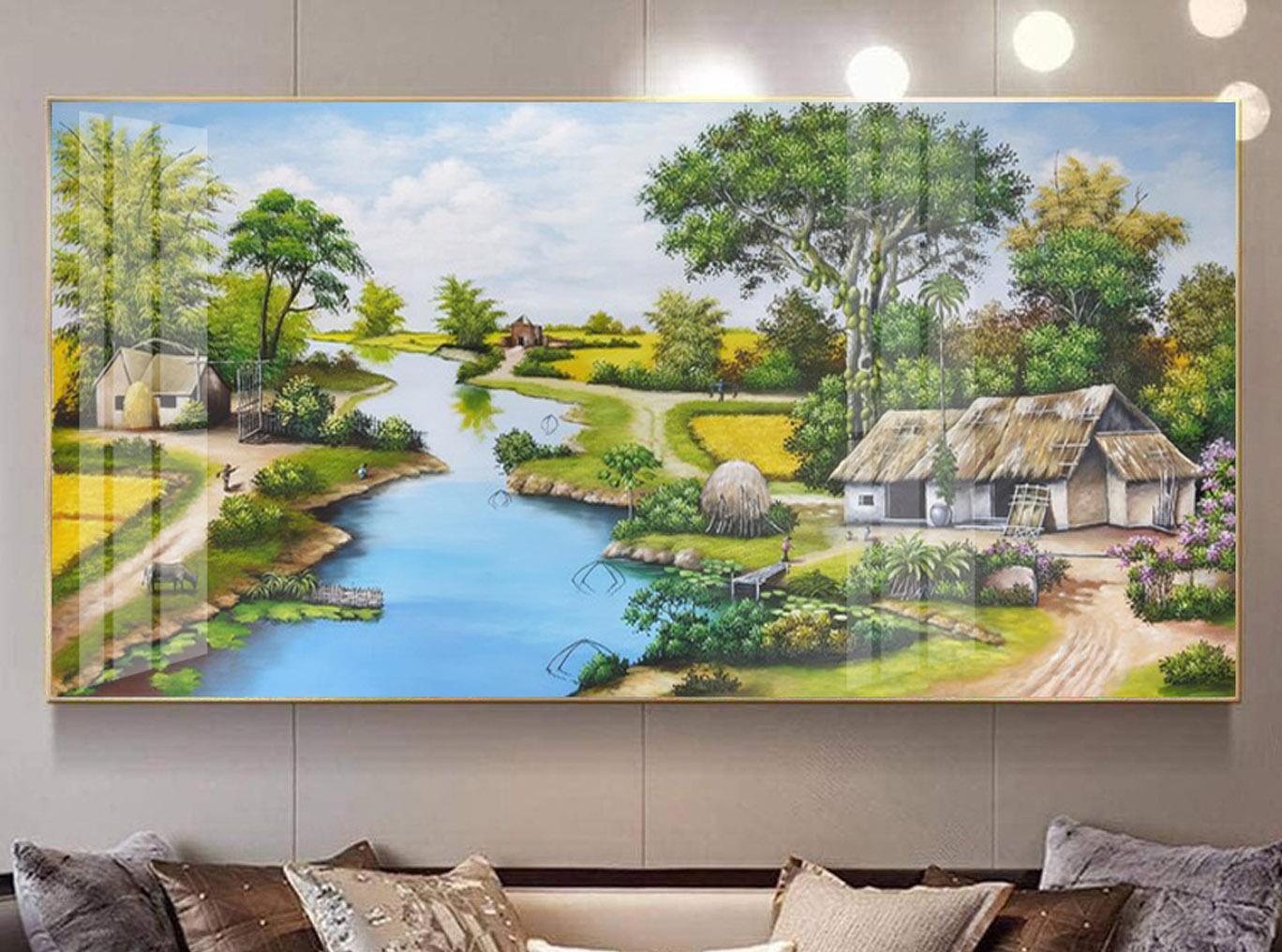 Mẫu tranh treo tường đẹp vẽ phong cảnh làng quê Bắc Bộ xưa