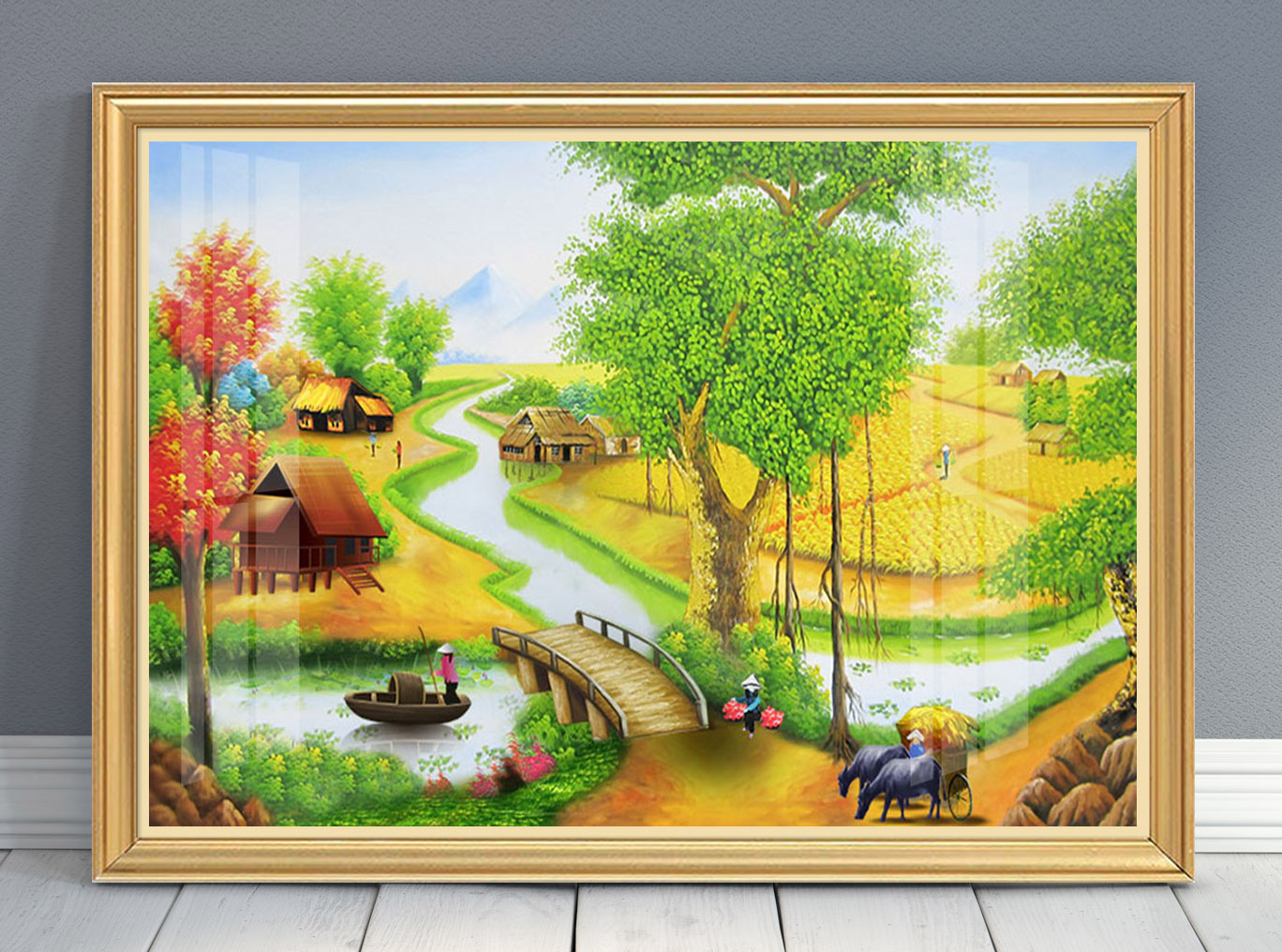 Mẫu tranh treo tường đẹp vẽ phong cảnh làng quê Bắc Bộ xưa