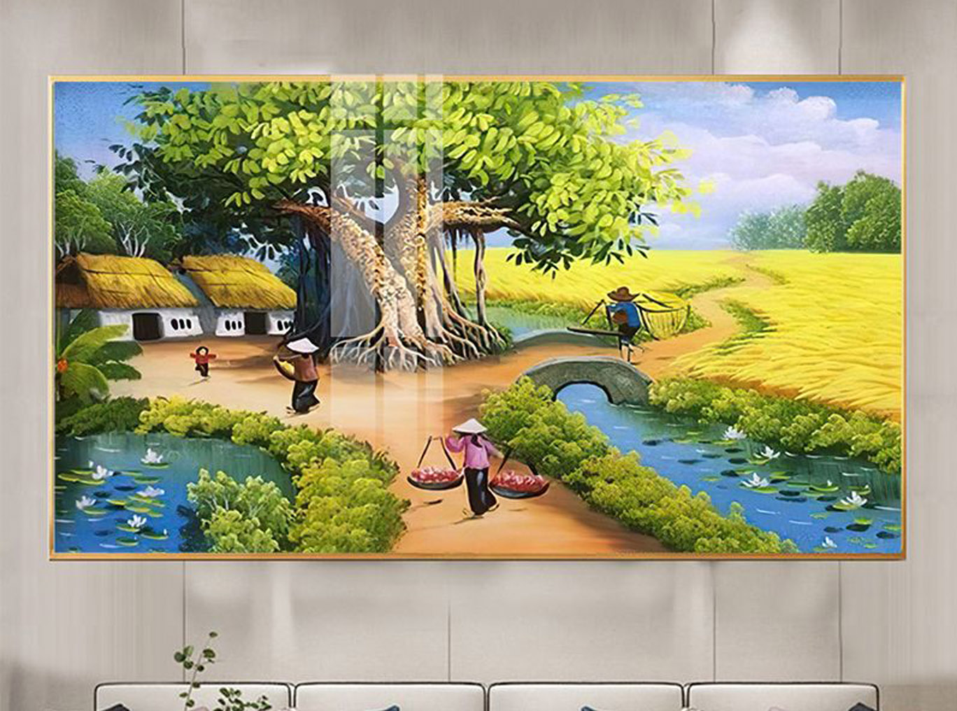 Mẫu tranh treo tường đẹp vẽ phong cảnh làng quê Bắc Bộ xưa