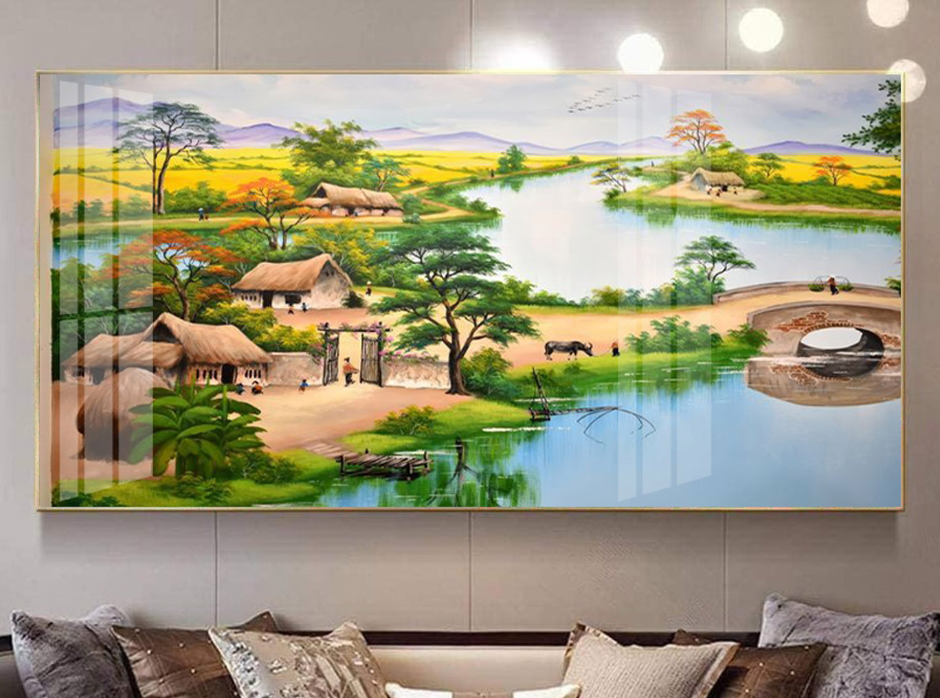 Mẫu tranh treo tường đẹp vẽ phong cảnh làng quê Bắc Bộ xưa