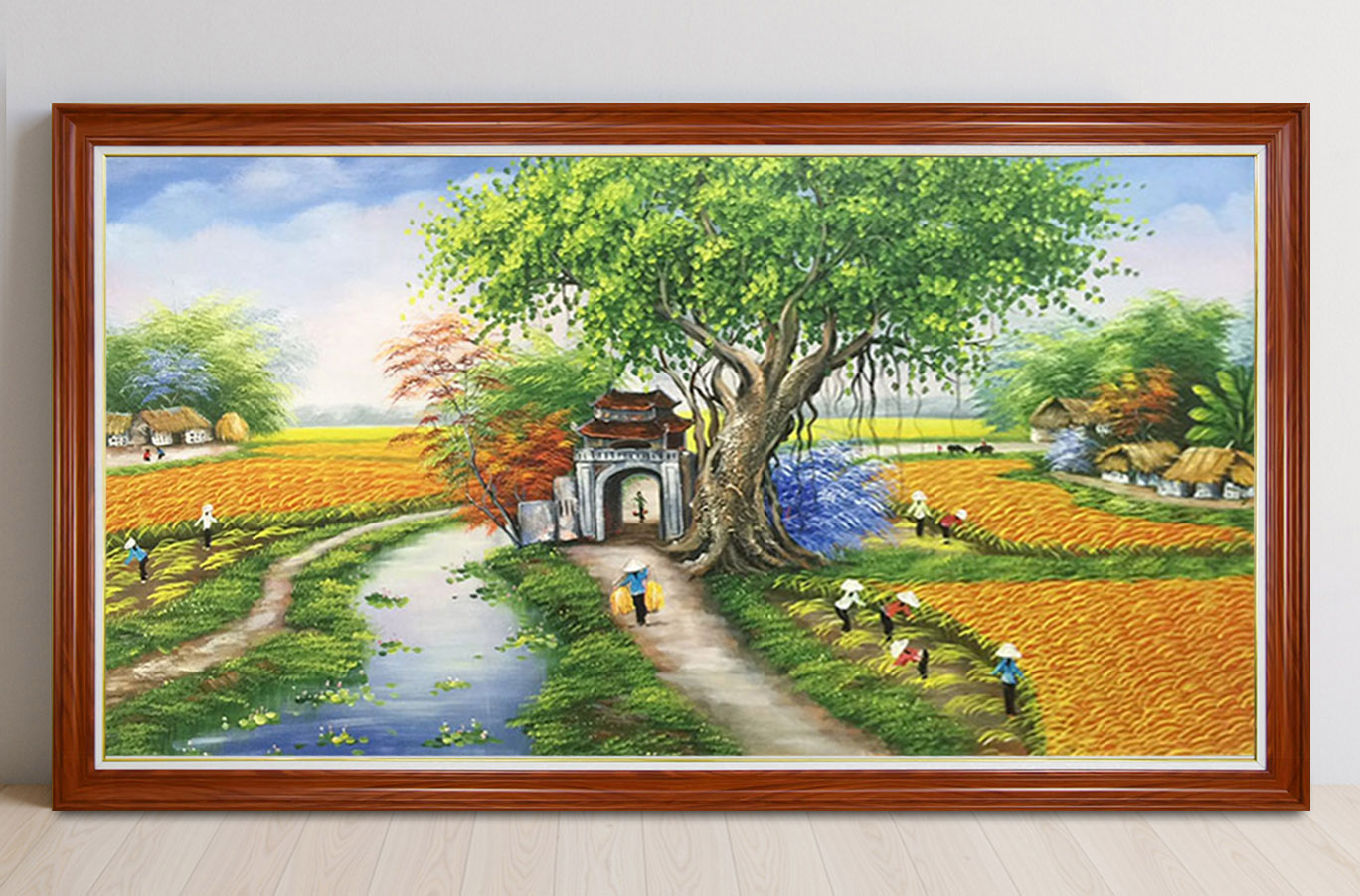 Mẫu tranh treo tường đẹp vẽ phong cảnh làng quê Bắc Bộ xưa