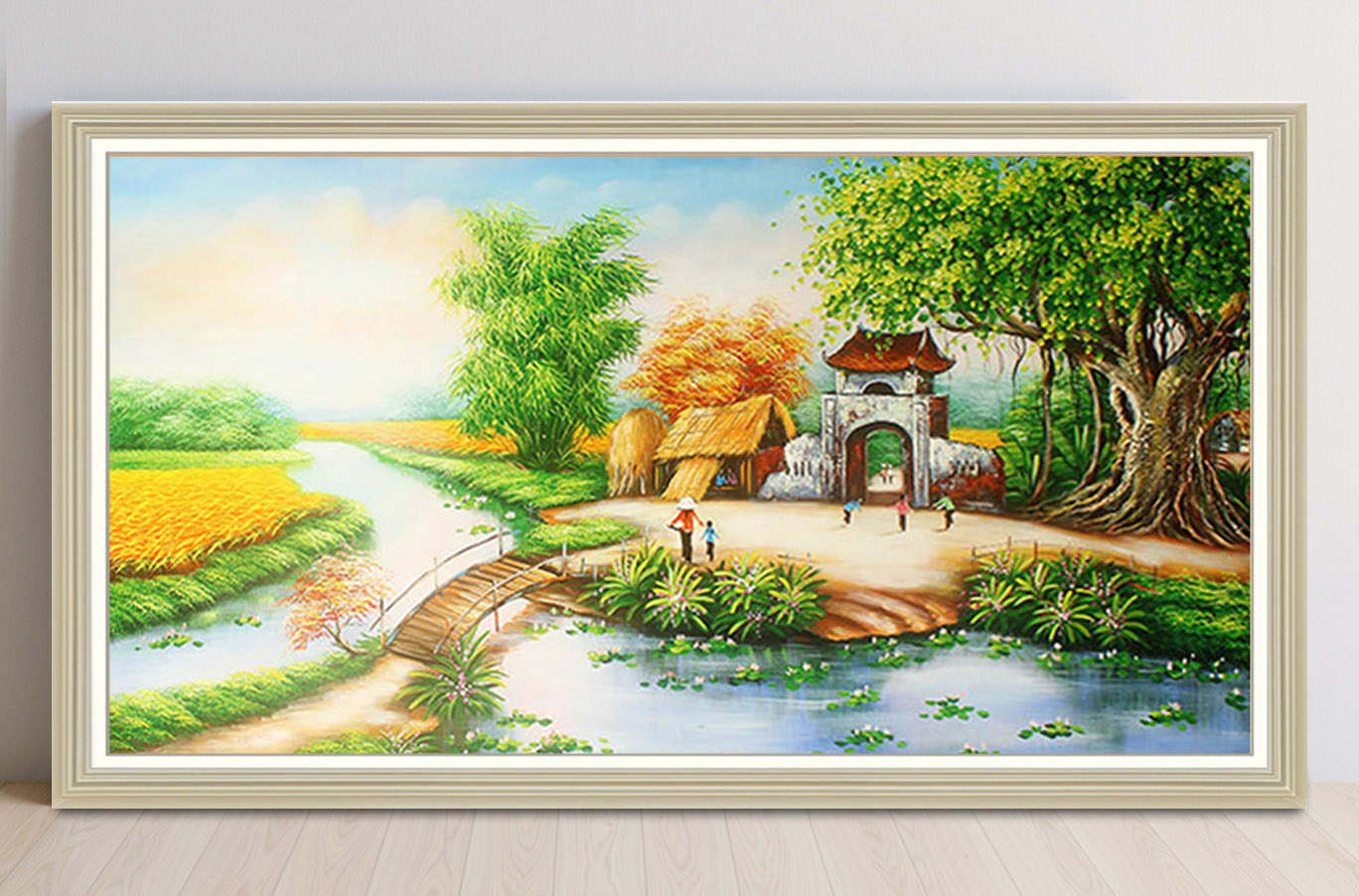 Mẫu tranh treo tường đẹp vẽ phong cảnh làng quê Bắc Bộ xưa