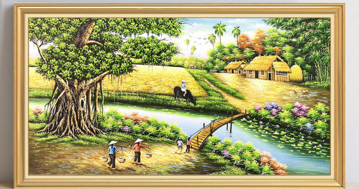 Mẫu tranh treo tường đẹp vẽ phong cảnh làng quê Bắc Bộ xưa
