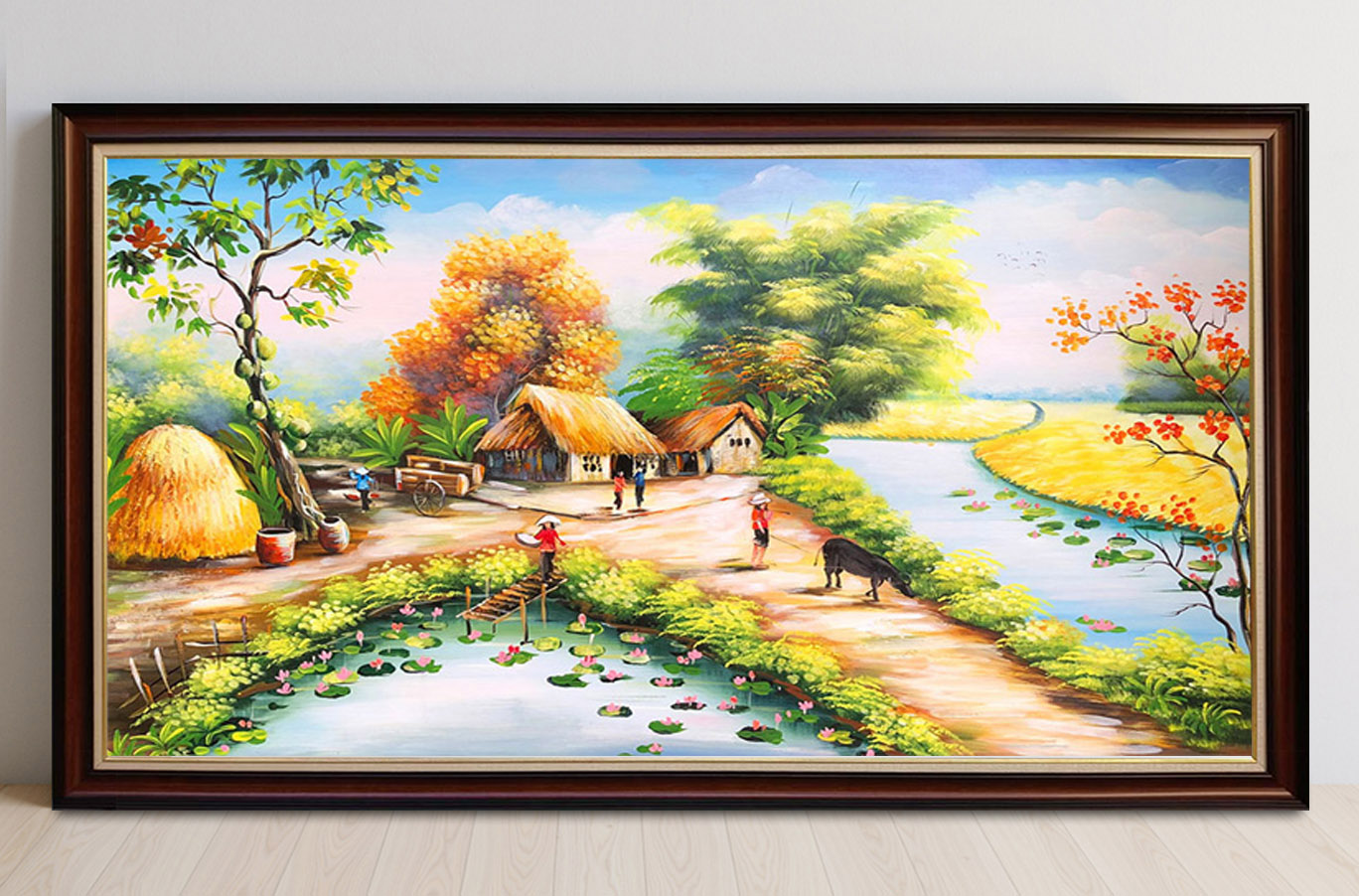 Mẫu tranh treo tường đẹp vẽ phong cảnh làng quê Bắc Bộ xưa