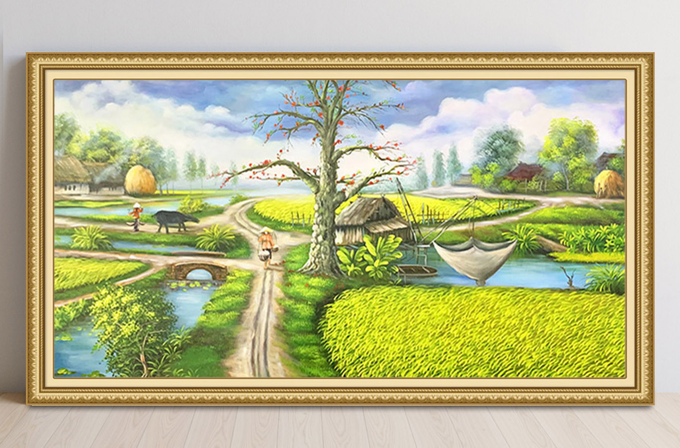 Mẫu tranh treo tường đẹp vẽ phong cảnh làng quê Bắc Bộ xưa