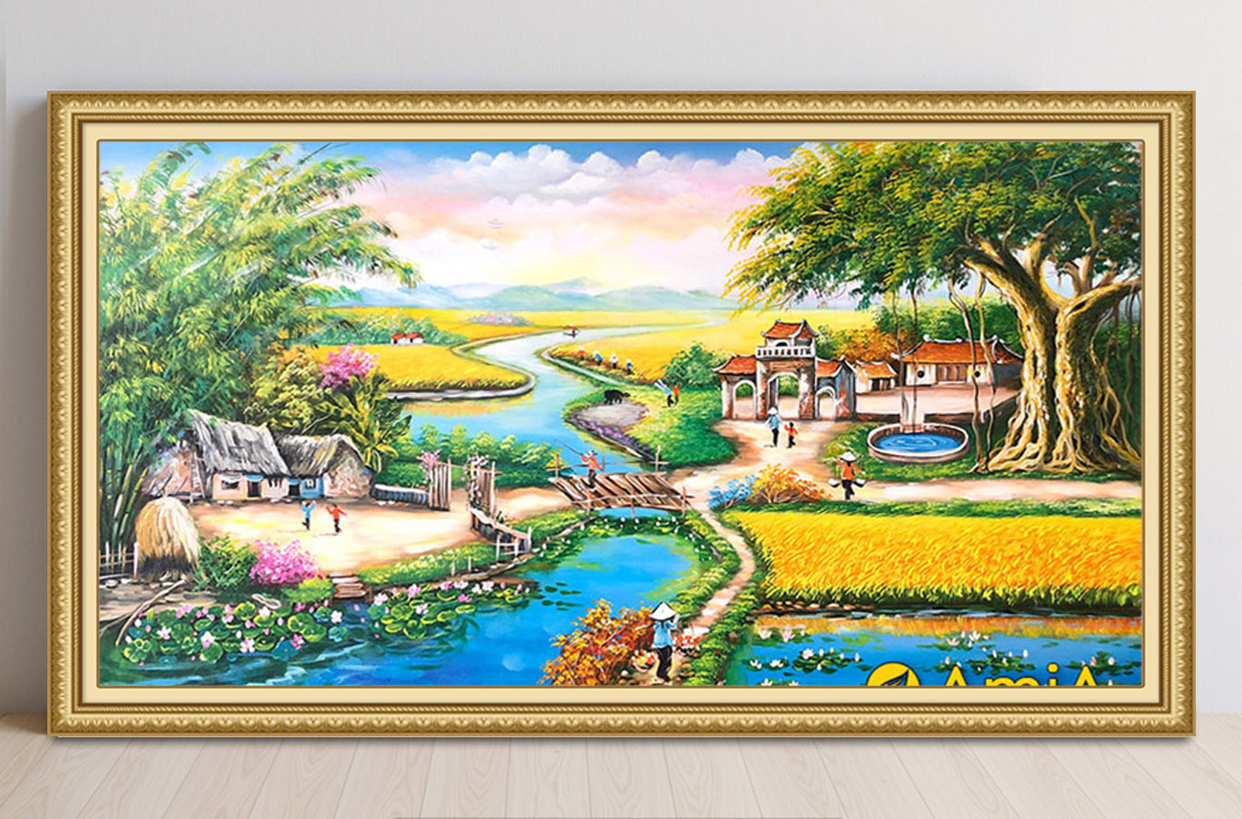 Mẫu tranh treo tường đẹp vẽ phong cảnh làng quê Bắc Bộ xưa