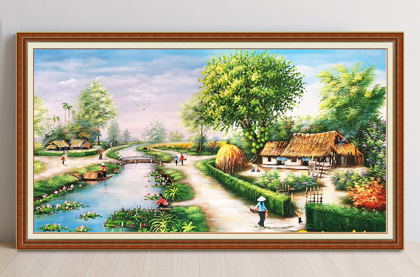 Mẫu tranh treo tường đẹp vẽ phong cảnh làng quê Bắc Bộ xưa