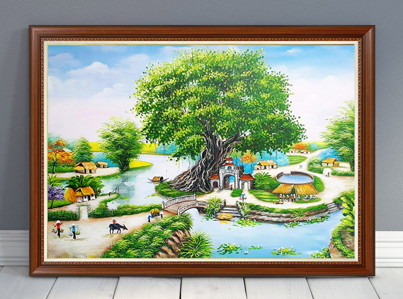 Mẫu tranh treo tường đẹp vẽ phong cảnh làng quê Bắc Bộ xưa